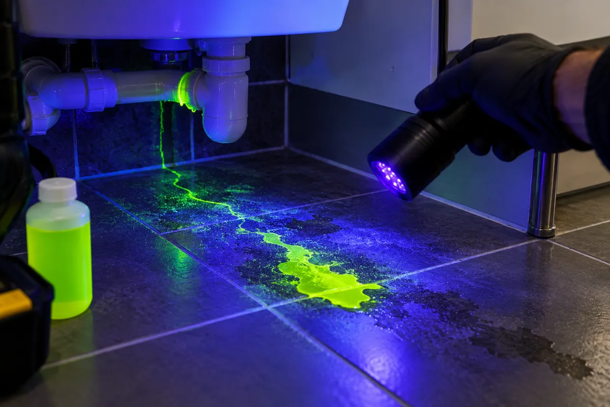 Test à la fluorescéine sous lampe UV : l'eau colorée révèle une fuite d'évacuation