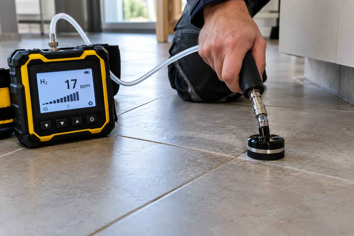 Recherche de fuite sous carrelage au gaz traceur, détecteur et sonde de sol