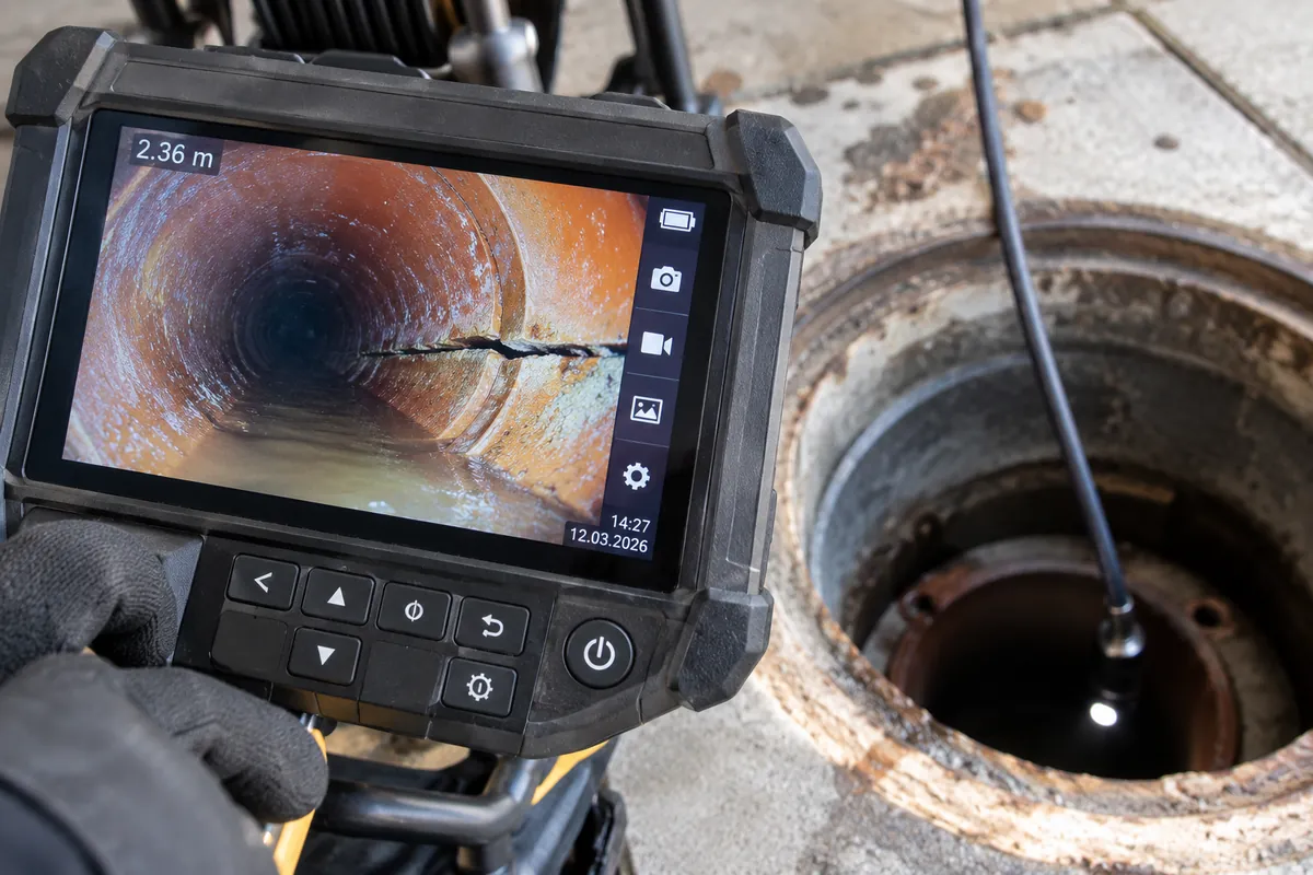 Inspection caméra d'une canalisation d'égout fissurée depuis un regard