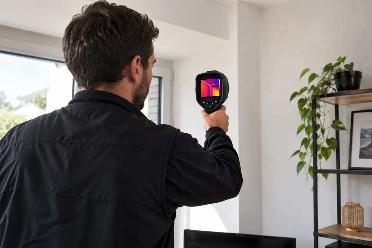 Technicien contrôlant un mur à la caméra thermique